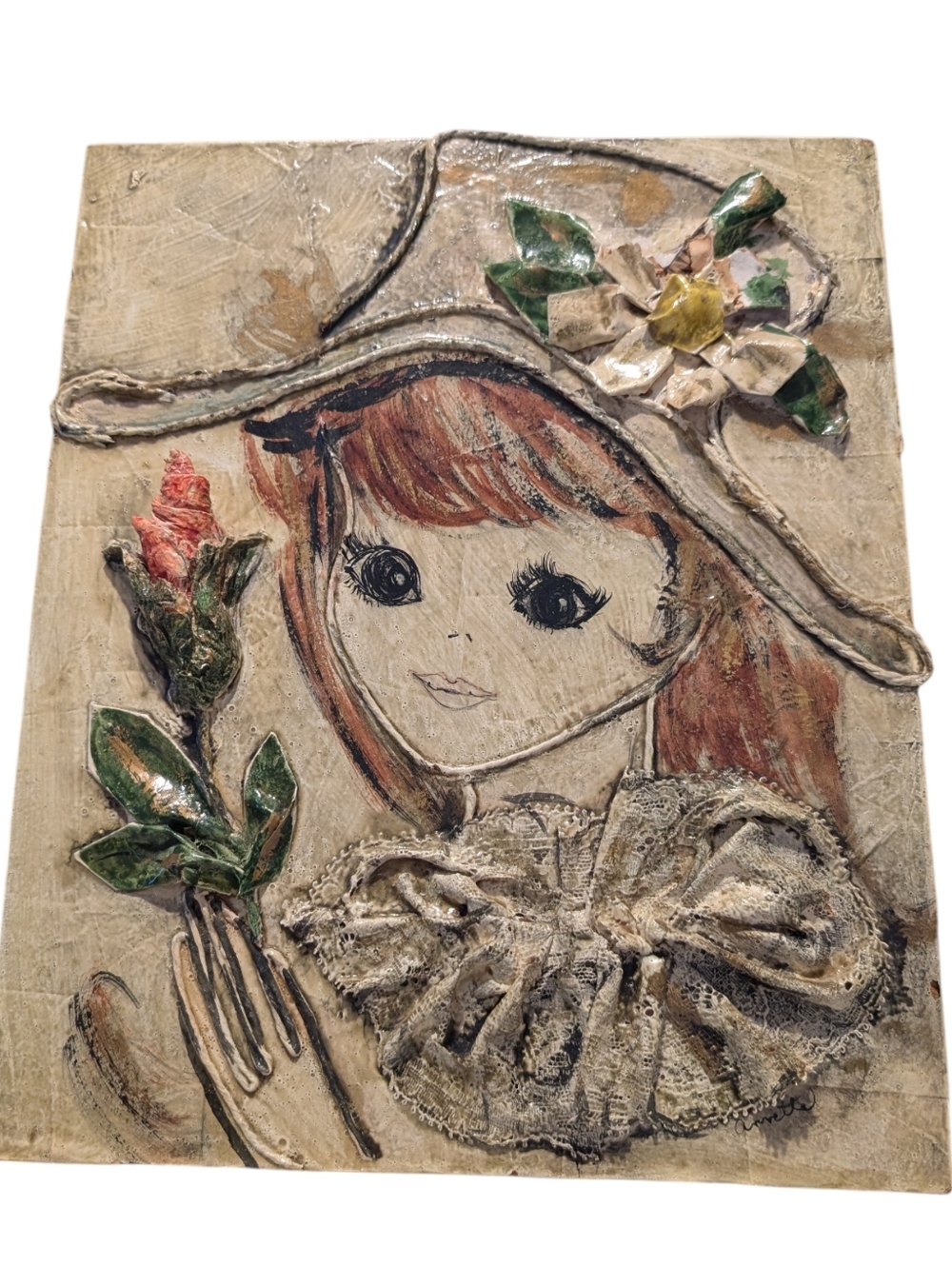 70s Vintage MCM Annette Fragale Papier-mâché Painting On Wood